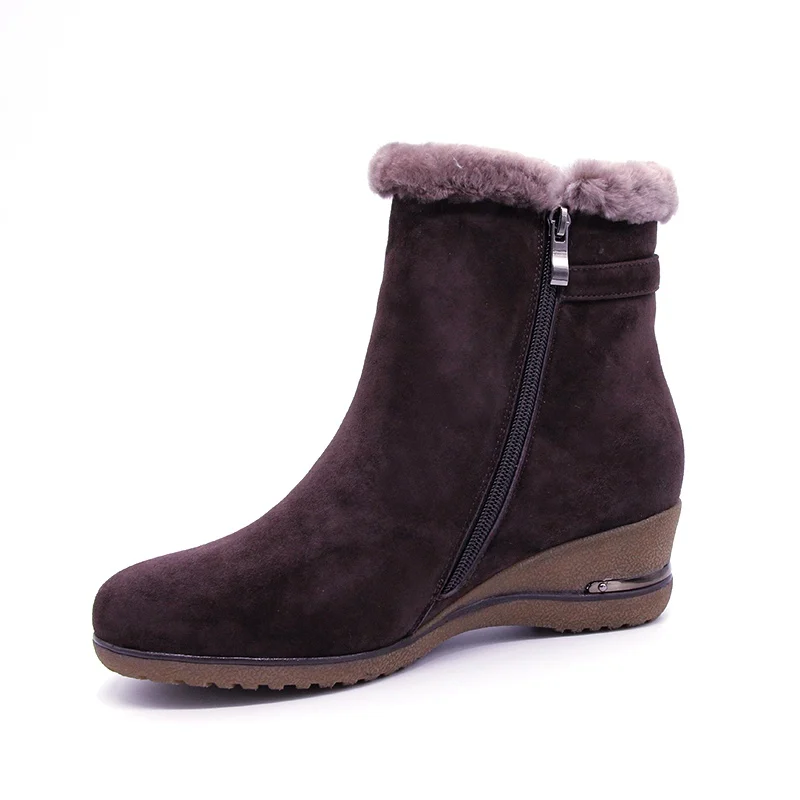 Leder Größe Marke Keile Stiefel Große Schuhe Neue Pelz Echtes Schnee Volles Frauen Winter Knöchel 2019 Einem Brown Wolle wxBI1x