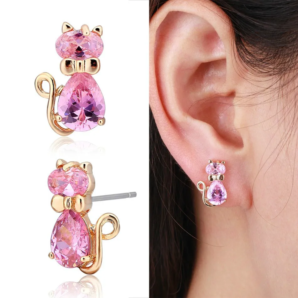 

5colors Cute CZ Bow Knot Kitten Gato Kitty Cat Stud Earrings for Women Children Girls Kids Brass Gold Color Jewelry Aros Aretes