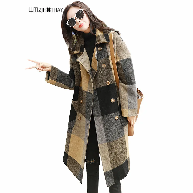 2019 Autumn Winter Plaid Woolen Coat New Loose Women Jacket Fashion
