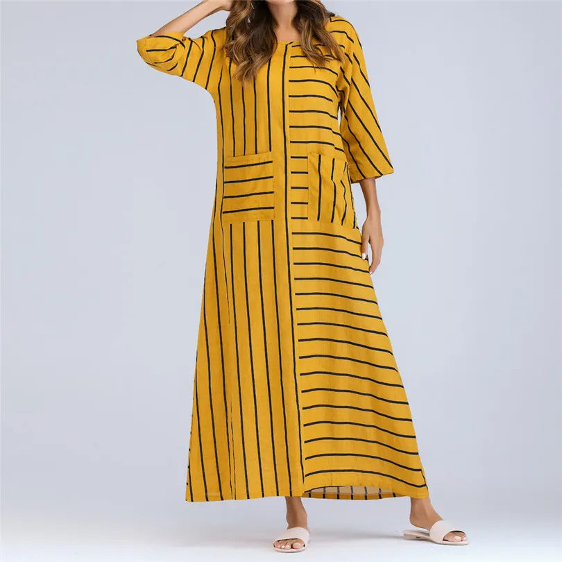   Women Summer 34 Sleeve Casual Brief Fashion Daily Striped Cotton Loose Bohe Long Beach Dress Kaftan Plus Size #4M18 (9)