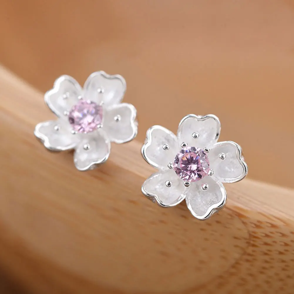 

Zeeneek S925 Silver Branch Cherry Blossoms Stud Earrings Necklace Ring Temperament Flower