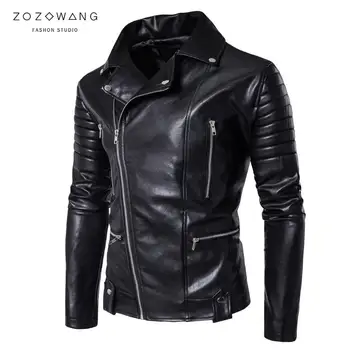 

ZOZOWANG Zipper PU Jacket 2020 Autumn New Motorcycle Biker Faux Leather Jackets Mens Turn-down collarCasual Black Jackets Coats