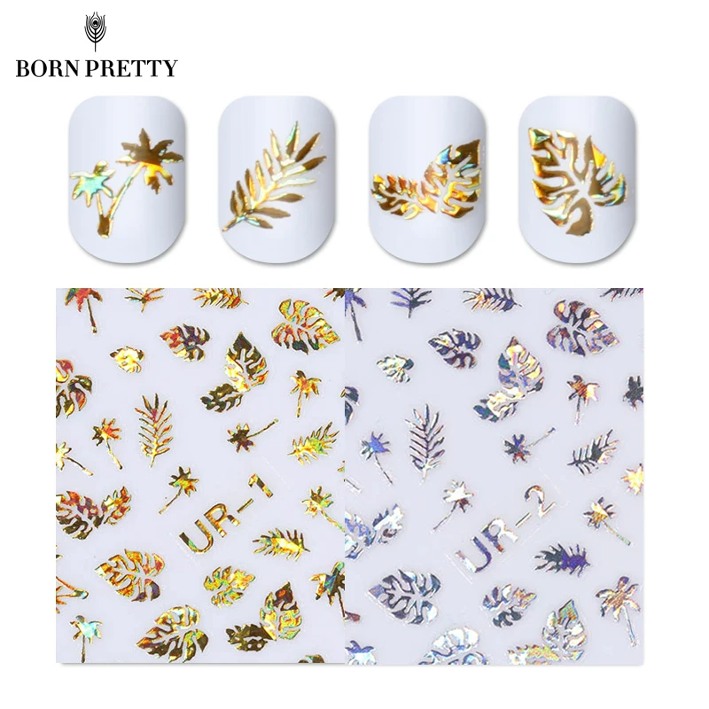 

1pc 3D Nail Sticker Holographic Gold Metallic Adhesive Transfer Decals Coconut Tree Leaf Manicure Stickers Nail Art Decorations
