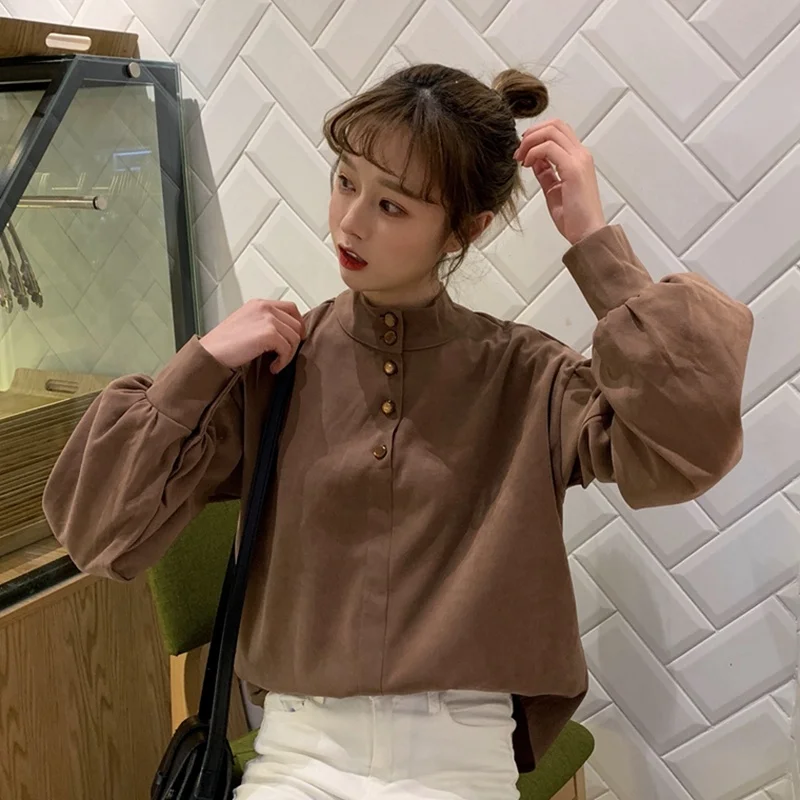 Woherb летняя Корейская однотонная блузка для женщин, винтажные топы с рукавами-фонариками, рубашки с длинным рукавом, элегантные блузы 21276