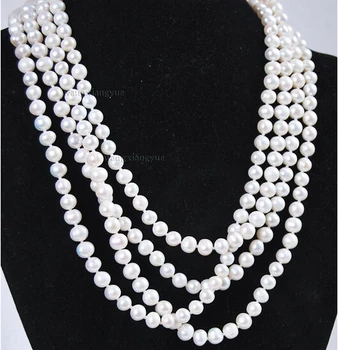

Free shipping@@@@@Beautiful! Super long 80" 7-8mm Natural White Akoya Cultured Pearl Necklace