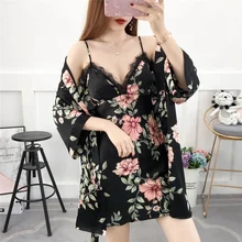 2 шт. халат и платье комплект Ночное платье элегантный мини-халат для женщин apanese кимоно кружево пикантные Женское ночное белье ночные рубашки пижамный комплект