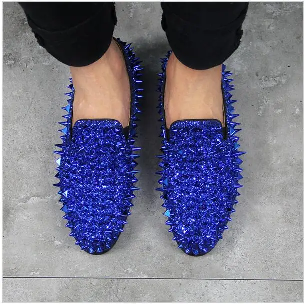 

Brand design spikes studded men red sole shoes glitter loafers square toe flats fashion men party wedding shoes blue and green