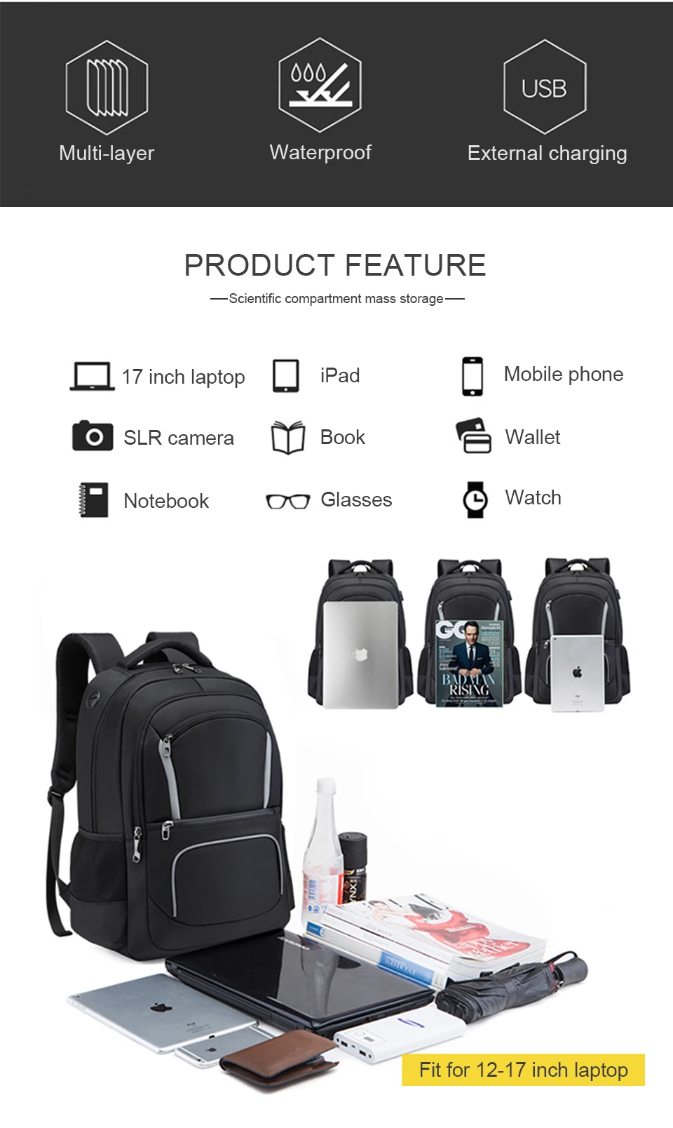 Women Backpack Mens 17 Inch Laptop 15.6 Backpacks Male Female Notebook Back Pack Waterproof USB Charging Student Travel Bagpack (4)