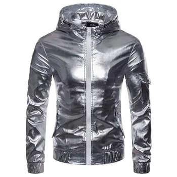 

Mens Shiny Silver Coated Metallic Jackets Coats 2018 Brand New Hiphop Zipper Hooded Jacket Men Night Club Jacket Chaqueta Hombre