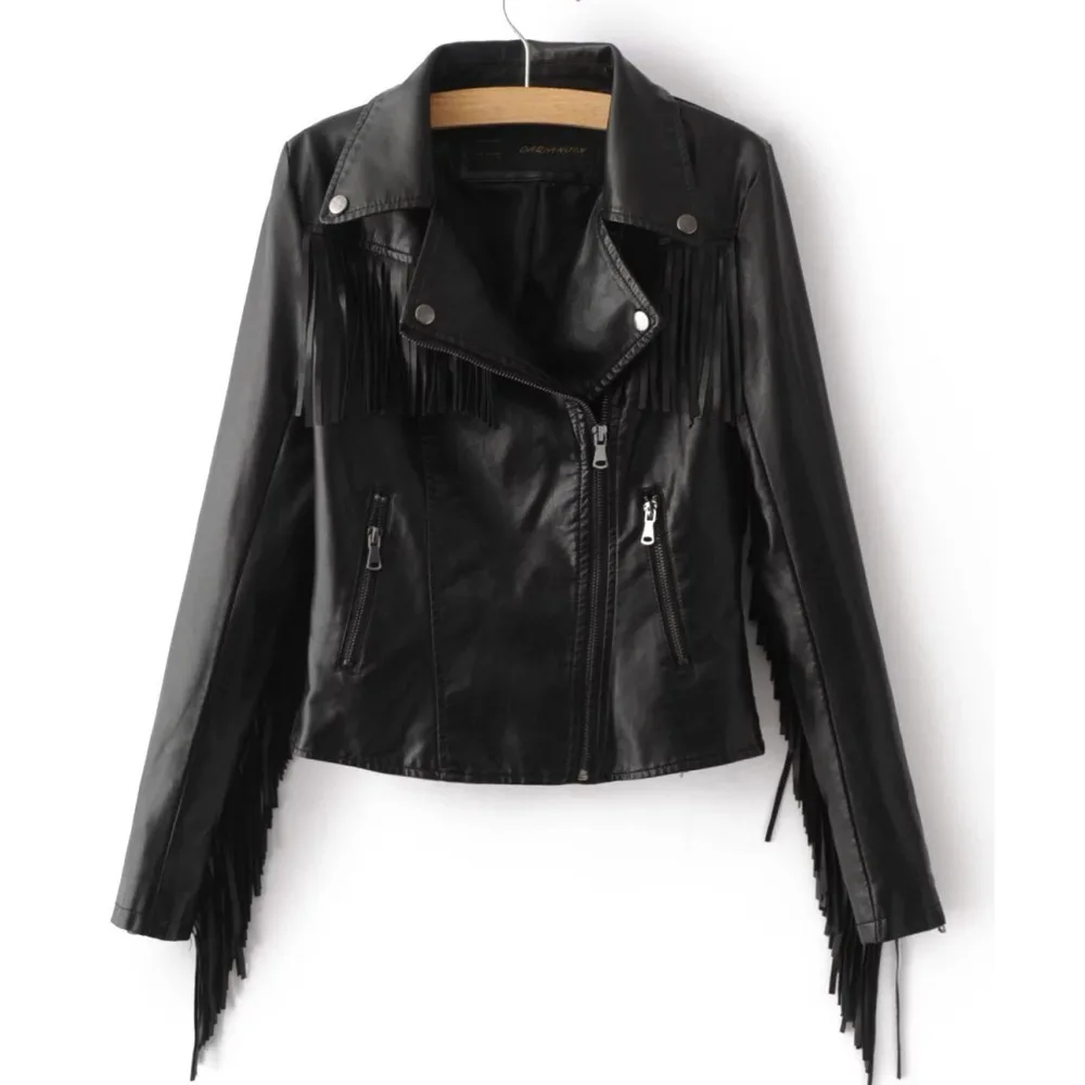 2018 autumn winter new fringed faux PU leather tassels sleeve back