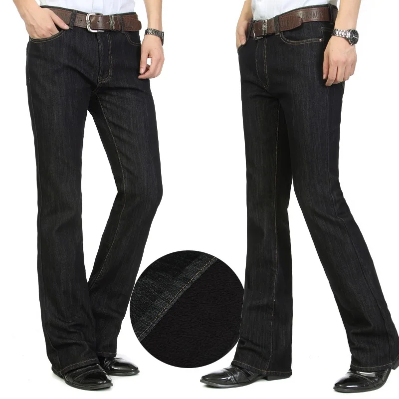 

Free Shipping High Quality 2018 Warm Winter New Men's Smart Casual Bootcut Fleece Jeans Business Flare Pants Plus Size Trousers