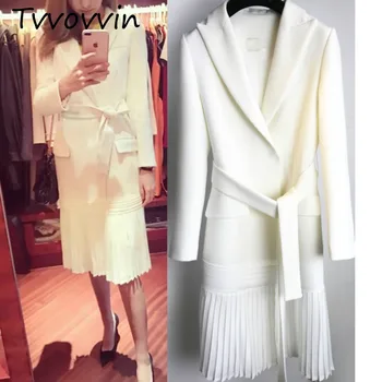 

TVVOVVIN 2019 new fashion women clothes turn-down collar full sleeve sashes open stitch pleated bottom white jacket tops C081