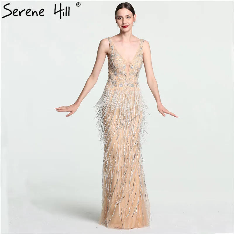 

Sexy Deep-V Mermaid Gold Tulle Evening Dresses Newest Beading Sequined Luxury Evening Gown 2019 Serene Hill LA6104