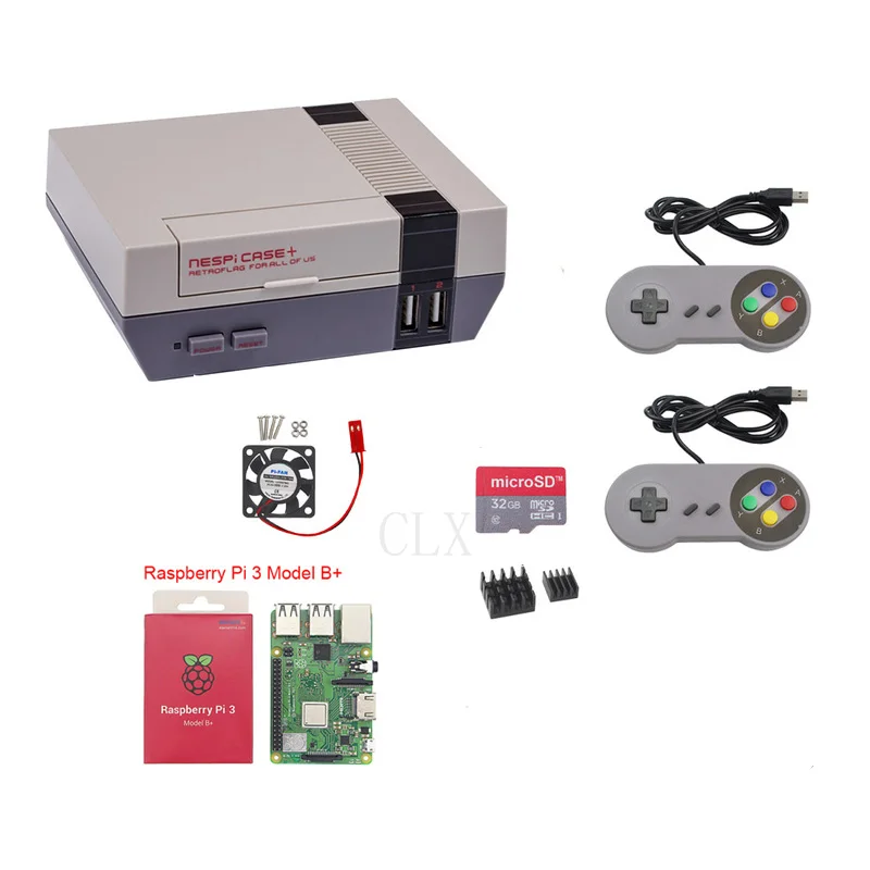  Raspberry Pi 3Bplus+Raspberry Pi NESPi Case+Retroflag Box+32GB+ fan+power supply+heat sink+HDMI+2pc