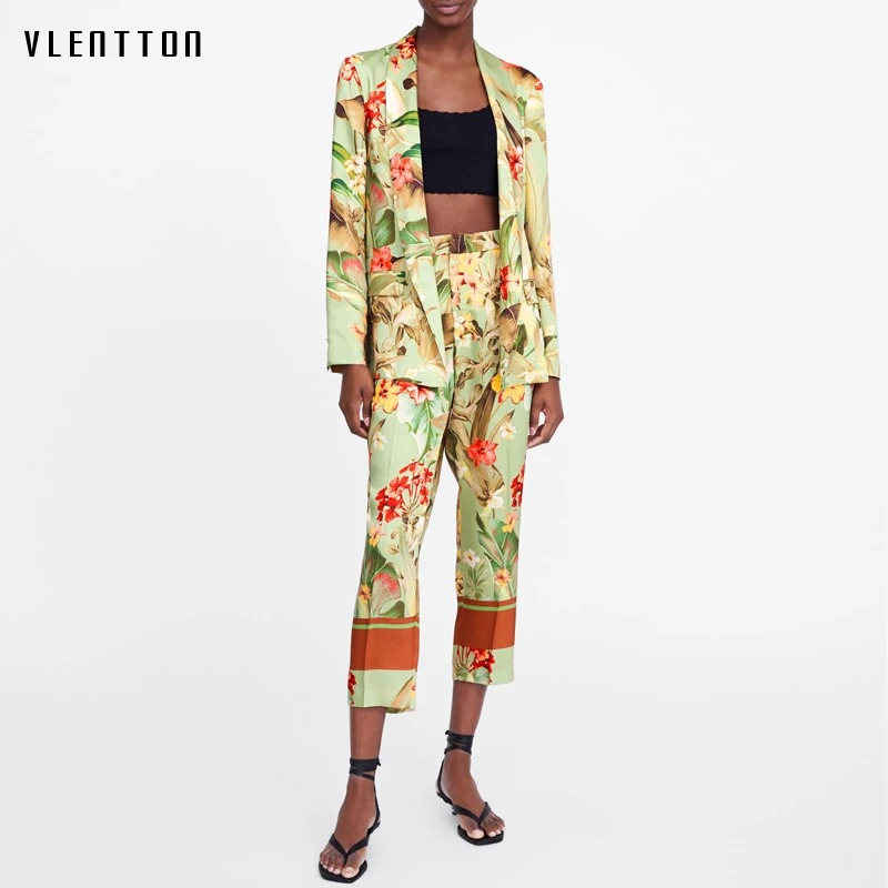 

2019 New vintage 2 Piece Set Women Long Sleeve Office Blazer Jacket and Nine Pants Women's Suit Spring autumn Print Pant Suits