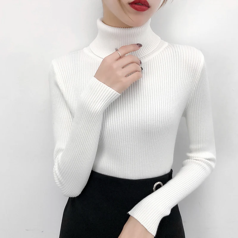 

Foxmertor Autumn winter Women's turtleneck Knitted Sweater Long sleeve Sweaters Fashion Solid Color Elasticity Pullovers Women