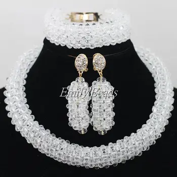 

African Nigerian Traditional Beads Jewelry Set Clear White Wedding Women Costume Crystal Beads Necklace Set Free Shipping AIJ377