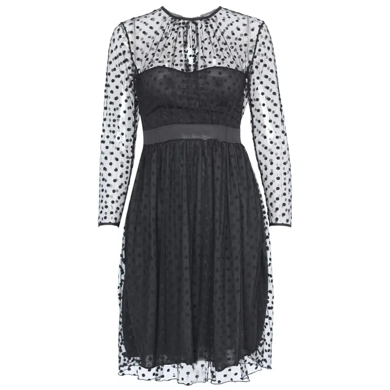 Elegant Style Polka Dot Pattern Sheer Panel&Cover High Waist Black Dress W850449 (3)