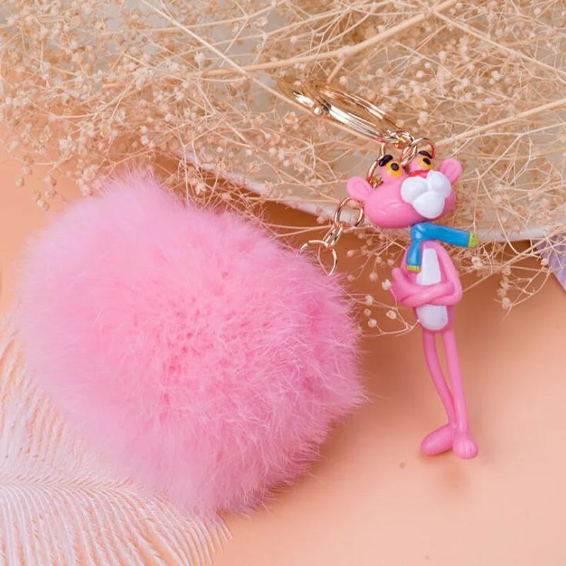 

2018 TJP Cute Fluffy ittle leopard Keychain Faux Rabbit Fur Ball Leather Key Chains Women Bag Trinket Car Gold Key Holder