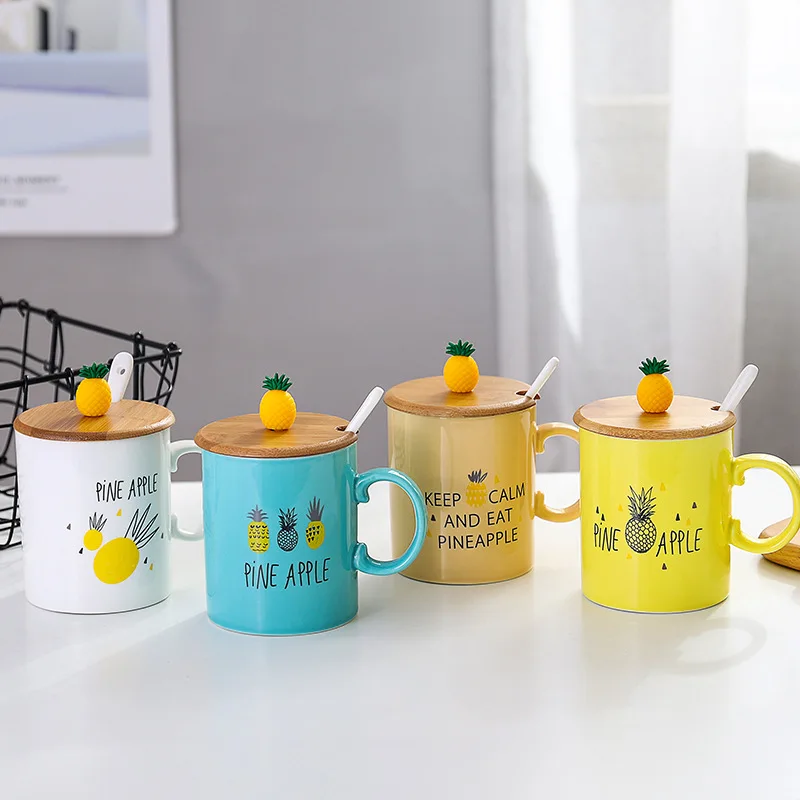 New summer pineapple fruit ceramic mug with spoon lid,Tea Milk Cups and Mugs Creative Drinkware Couple Mug For Gift 450ml