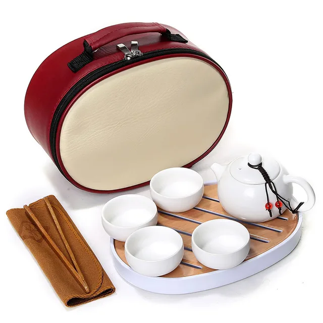 Cheap Portable Chinese Kung Fu Tea Set Creative Outdoor Travel tea set [1 Teapot + 4 Cups] with Tea Tray Hiking/Car Ceramic Tea-set