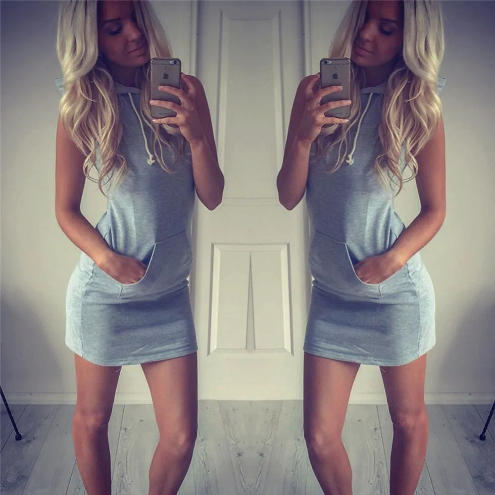 

robe ete 2016 sleeveless dress summer casual Hoodie pocket Beach Dress Slim Dress mini TE18401010001