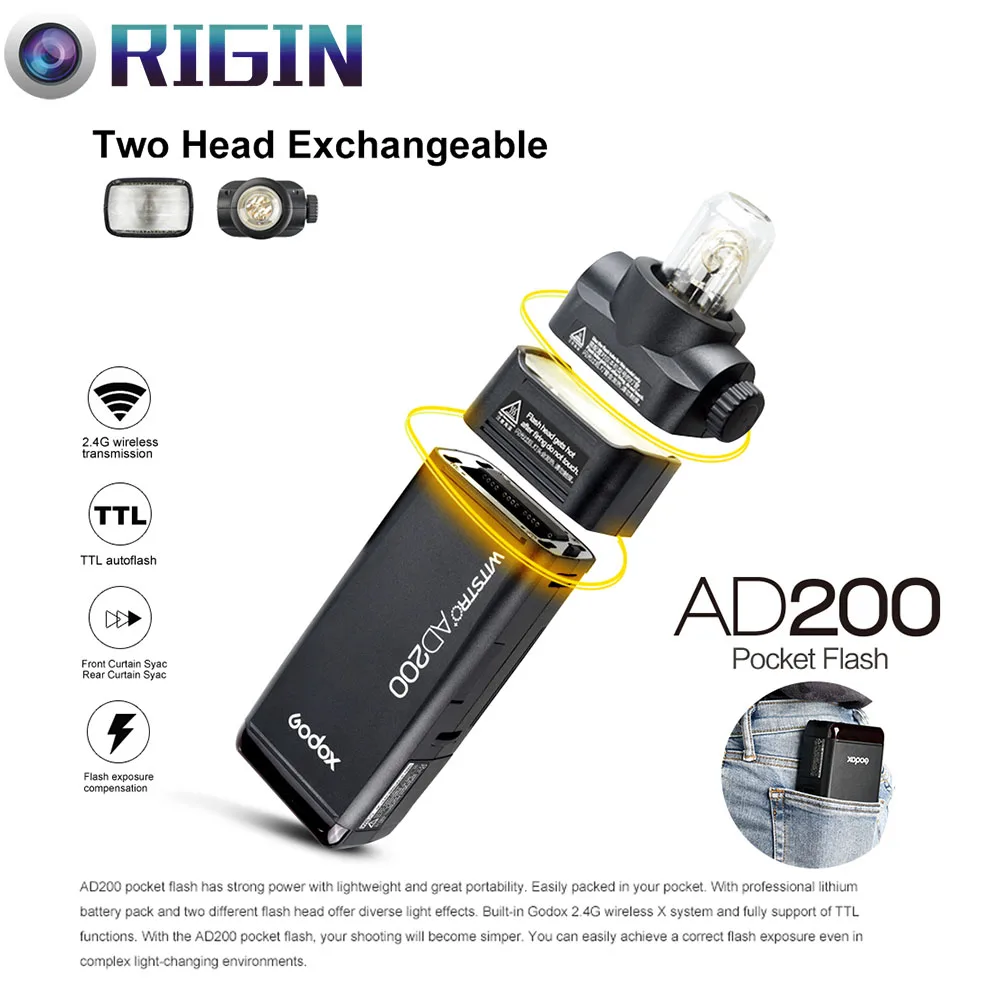 

New Arrival Godox Pocket Flash AD200 TTL 2.4G Wireless X system HSS 1/8000s Double head with 2900mAh Lithium battery pack Flash