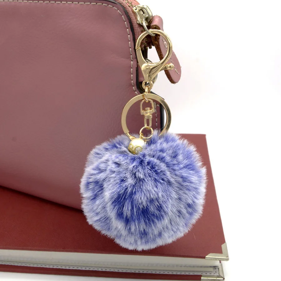 Plating gold Fur Pom Pom Key Chain 8cm Metal Fur Ball Keyring Key Chain Genuine Rabbit Fur Ball