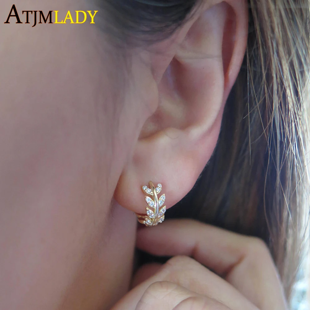 Прозрачные фианиты, имитация золотого наполнения, 925 пробы, серебро, Aaa, кубический цирконий, обручи Huggie, для женщин, девушек, клипсы, серьги в виде листьев, 925 ювелирные изделия
