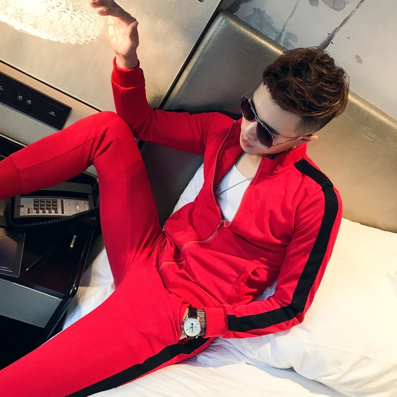 

Men's Two-piece Suit Spring and Summer Fashion Trend Casual Self-cultivation Home Sports Cotton Red Black Men's Jacket Trousers