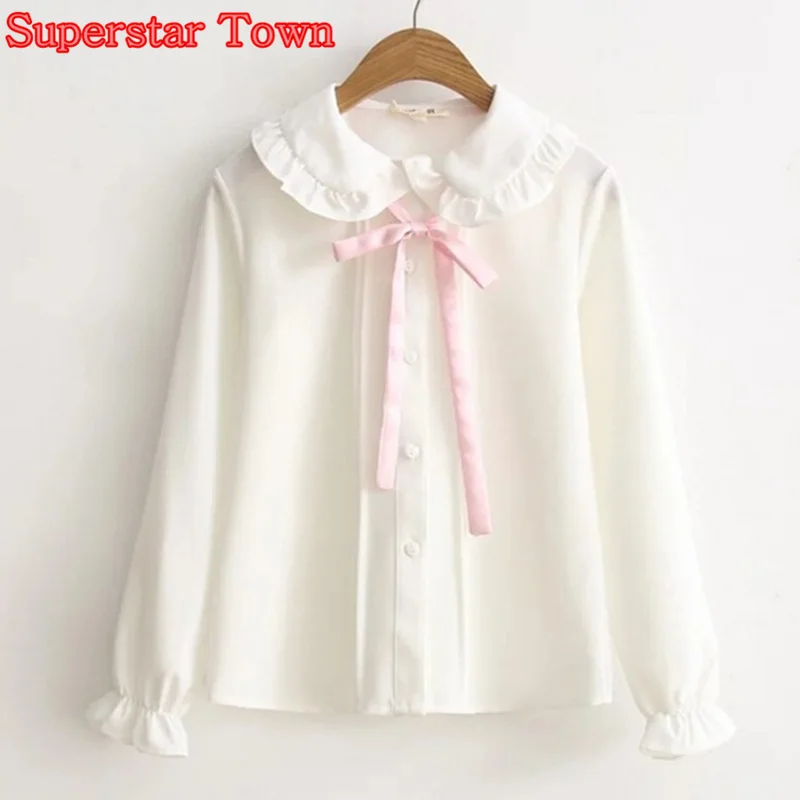 

Women Blouse White Peter Pan Collar Female Basic Blouse Japanese Sweet Soft Pink Bow White Shirt Harajuku Cute Shirt Mori Girl