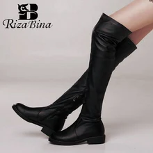 RizaBina/женские Сапоги выше колена зимняя женская обувь на меху модные теплые сапоги на плоской подошве с круглым носком Повседневная зимняя женская обувь размеры 34-43