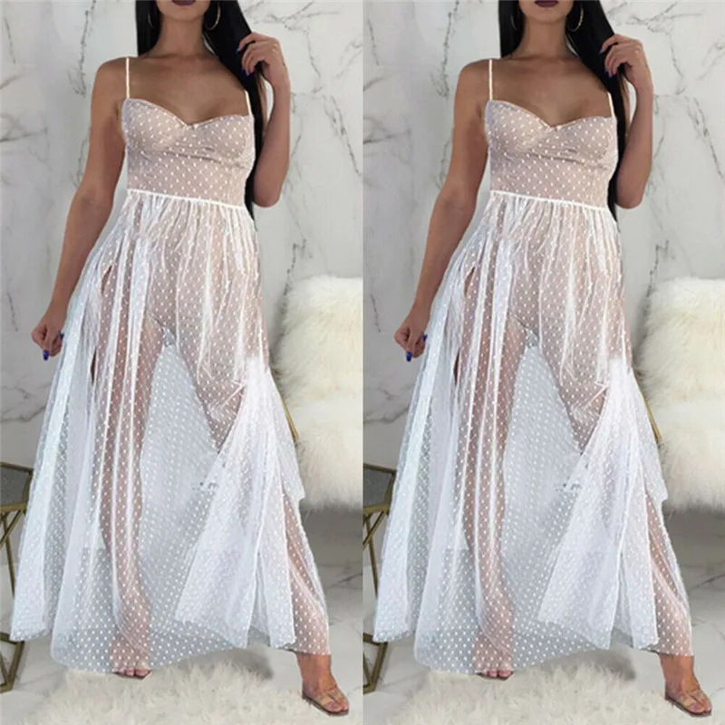 

Summer Women's Boho Polka Dot See Through Dress Sexy Mesh Sheer Transparent Maxi Dress Ladies Evening Party Beach Dress Sundress