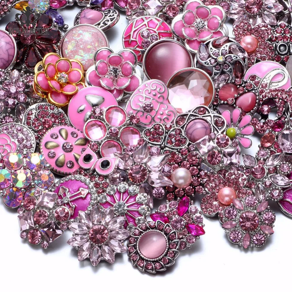 

RoyalBeier 50pcs/lot Pink Series Mixed Styles Metal Button Charms 18mm Snap Button For 20mm Snap Bracelet Snap Jewelry KZHM076a