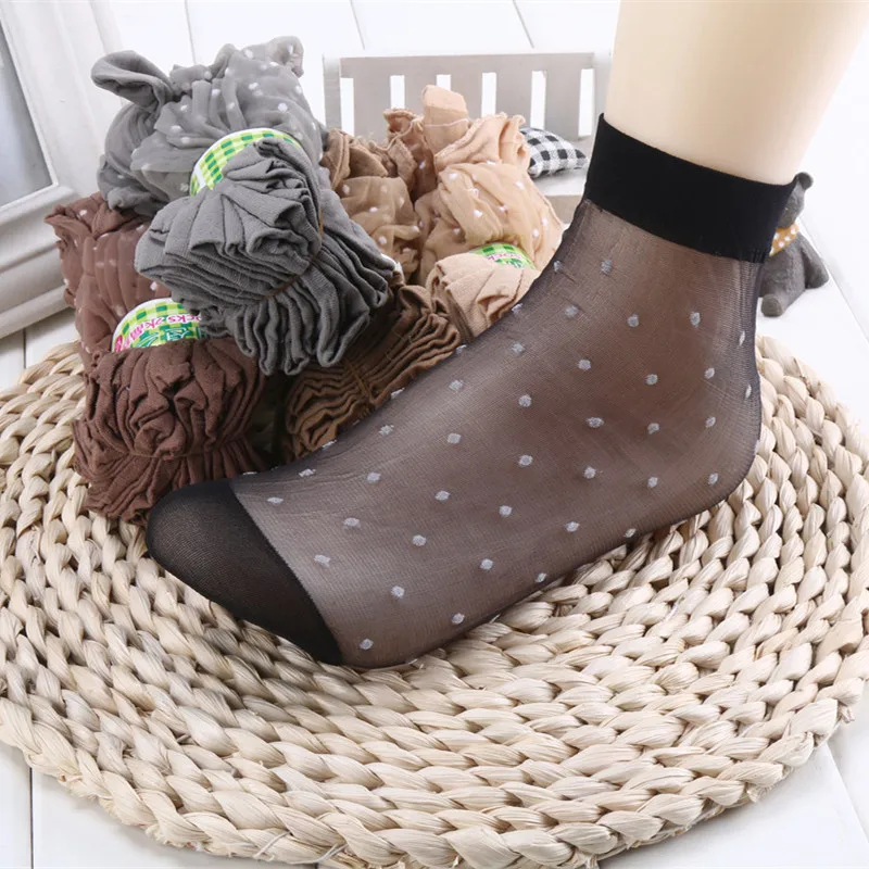 20Pcs=10Pair/Lot 2019Hot Sale Cool Breathable Summer Style Sexy Black Skin Socks Pure Color Dots Women Girls Nylon Crystal Socks