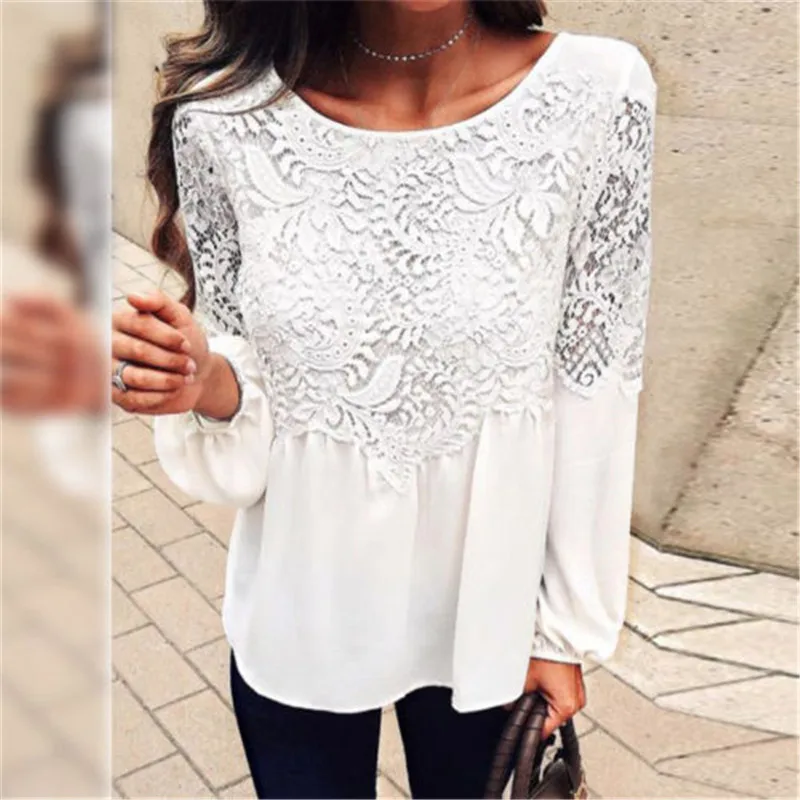 New 2018 Womens Tops and Blouses Casual Lace Patchwork Tops Long Sleeve ...