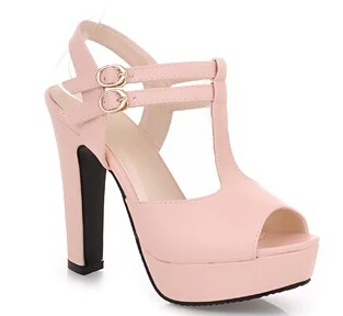 

zapatos mujer open toe 12cm high-heeled shoes thick heel platform double T buckle women's hasp formal sandals plus 32 33 34-43