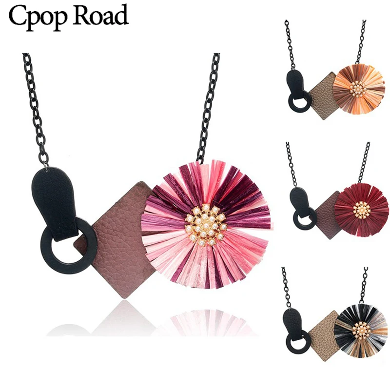 

Cpop Raffia Flower Alloy Leather Necklaces & Pendants Fashion Exaggeration Chain Personality Statement Necklace Hot Sale Jewelry