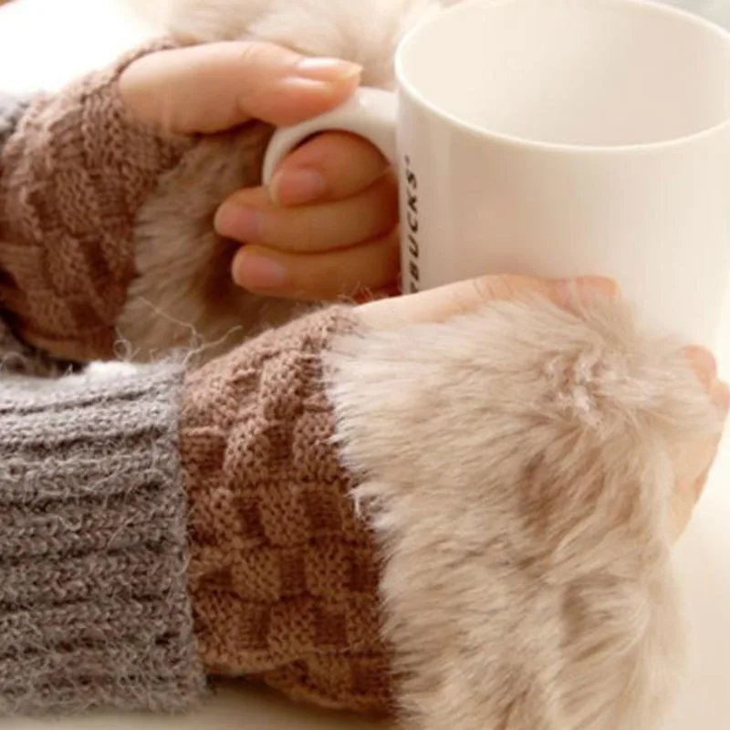 Зимние женские теплые стильные перчатки, вязаные перчатки из искусственной шерсти, перчатки без пальцев из кроличьего меха, женские перчатки на запястье, подарок
