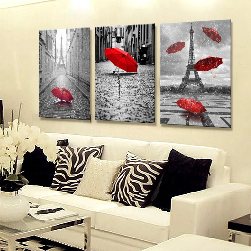 BANMU-Art-Black-and-White-Eiffel-Tower-with-Red-Umbrella-on-Paris-Street-Painting-Romantic-Picture (4)