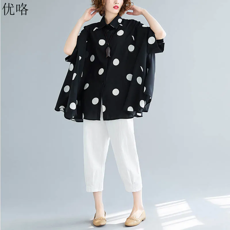 

2019 Summer Women Korean Blouse Tops Plus Size Batwing Sleeve Shirt Vintage Polka Dot Shirt Work White Blouses 4XL 5XL 6XL 7XL