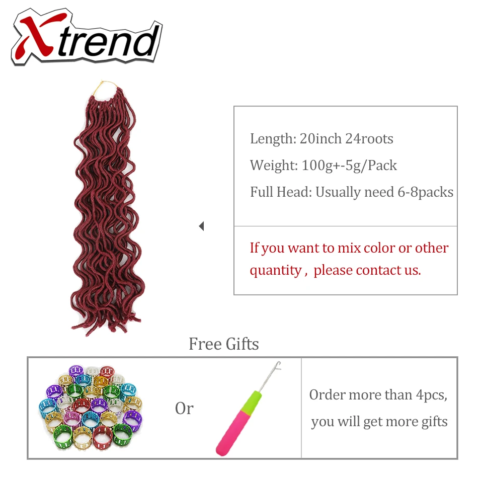 Xtrend Faux locs CURLY, вязанные крючком волосы, 20 дюймов, 24 корня, синтетические плетеные волосы для наращивания, бордовые, черные, высокотемпературные волокна