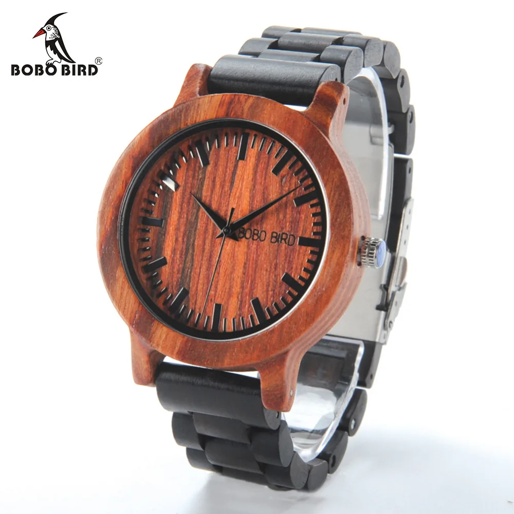 BOBO BIRD LM05 Men Red Sandalwood Dial Ebony Strap Vintage Style Watch Erkek Quartz Clock in Gift Box