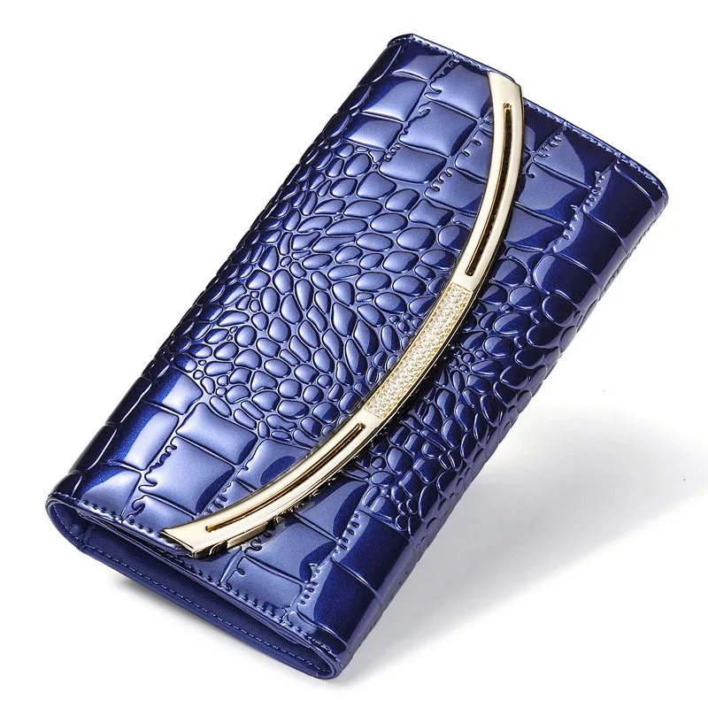 Fashion Genuine Leather Wallet Women Luxury Alligator Design Gold Leather Female Purse Clutch Bag Lady Wallets Long Wallet - Цвет: Blue