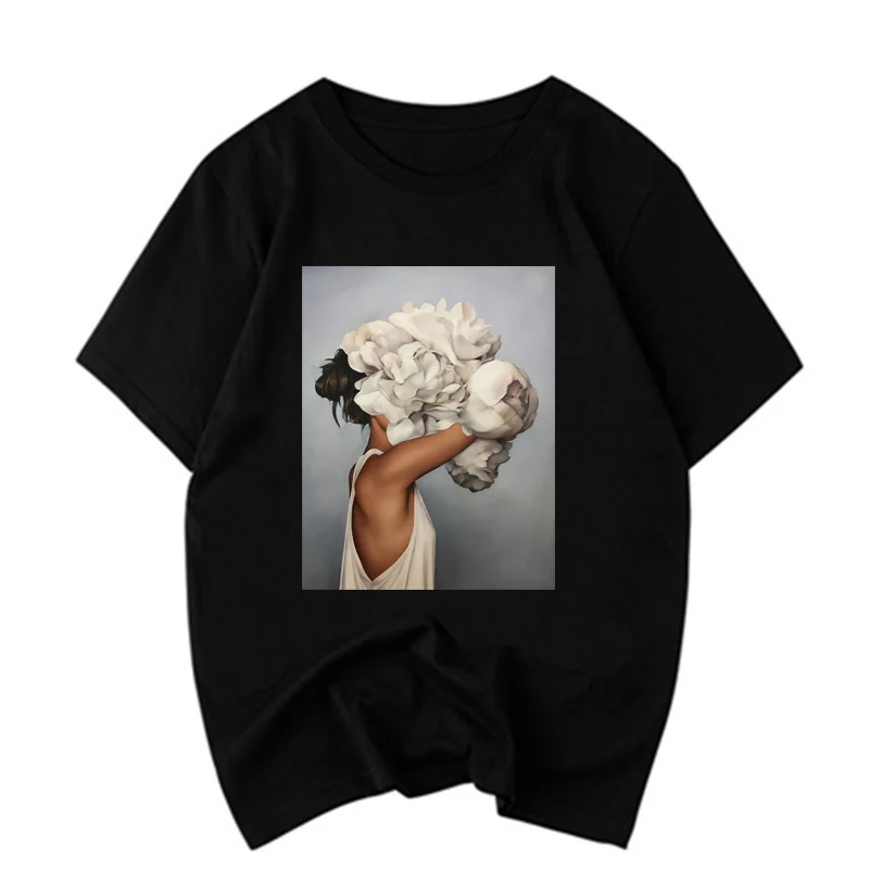

2019 Vintage vogue T shirt Women Sexy Flowers Feather Short Sleeve 90s Aesthetics Entrance Art Oil Painting Print funny T shirts