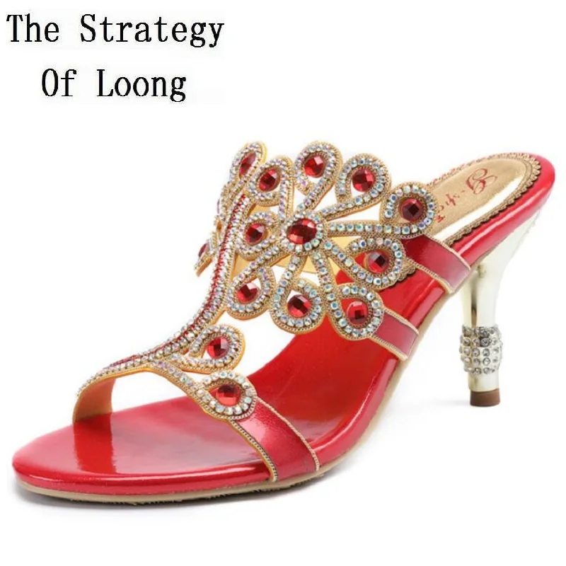 

Women Full Genuine Leather Thin High Heels Rhinestones Sexy Slippers Plus Size Open The Toe Real Leather Summer Shoes 20180714