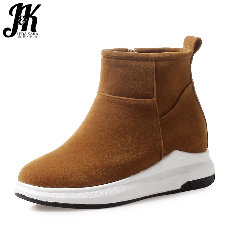 

JK Low Heels Women Ankle Boots Round Toe Thick Plush Footwear Flock Casual Snow Female Boot Platform Shoes Woman 2018 Winter