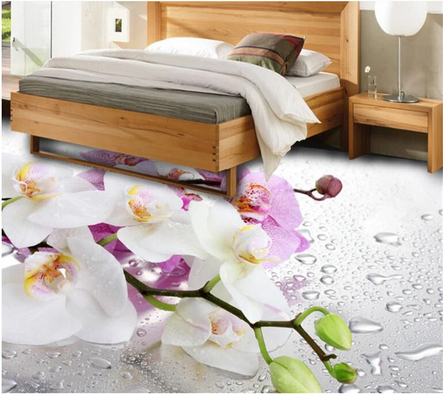 

Beibehang Customized pvc waterproof wallpaper romantic beautiful dew butterfly orchid bathroom Self-adhesive 3D floor tiles