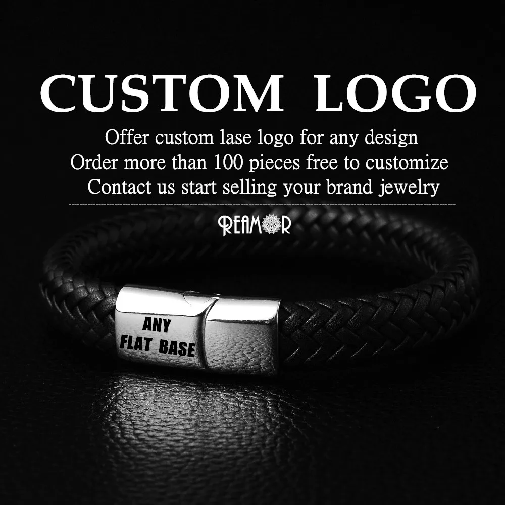 REAMOR Men Genuine Leather Braided Bracelet Bangles 316l Stainless Steel Lucky Horseshoe Lobster Clasp Bracelet Fashion Jewelry