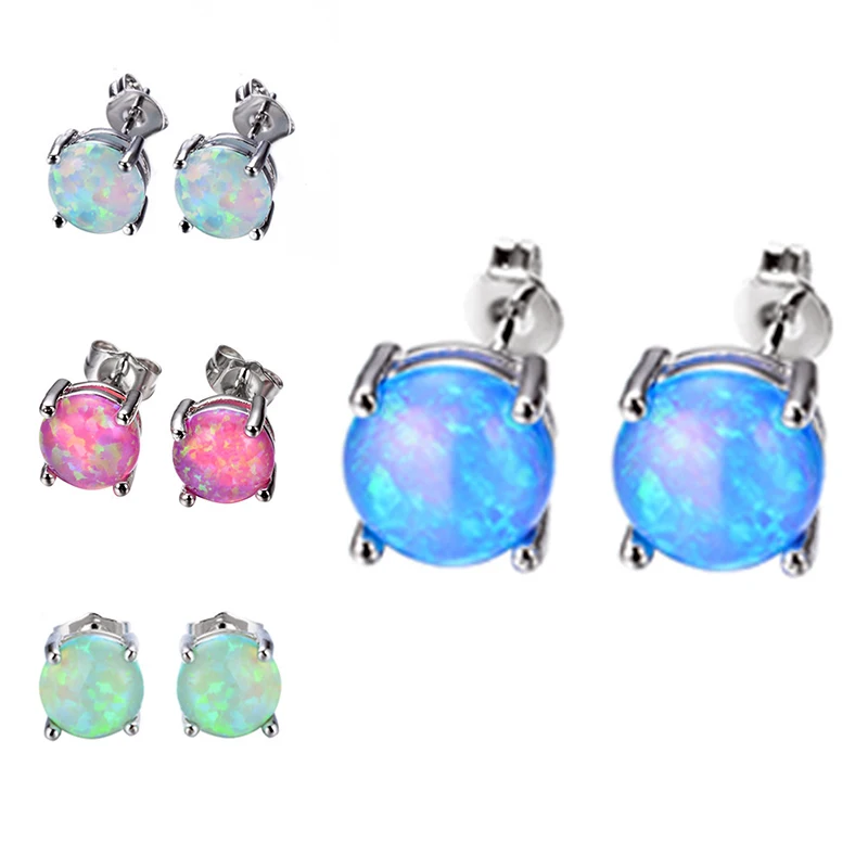 

2018 European Style 6MM Round White/Blue/Purple Fire Opal Stud Earrings For Women 925 Sterling Silver Filled Jewelry Wholesale